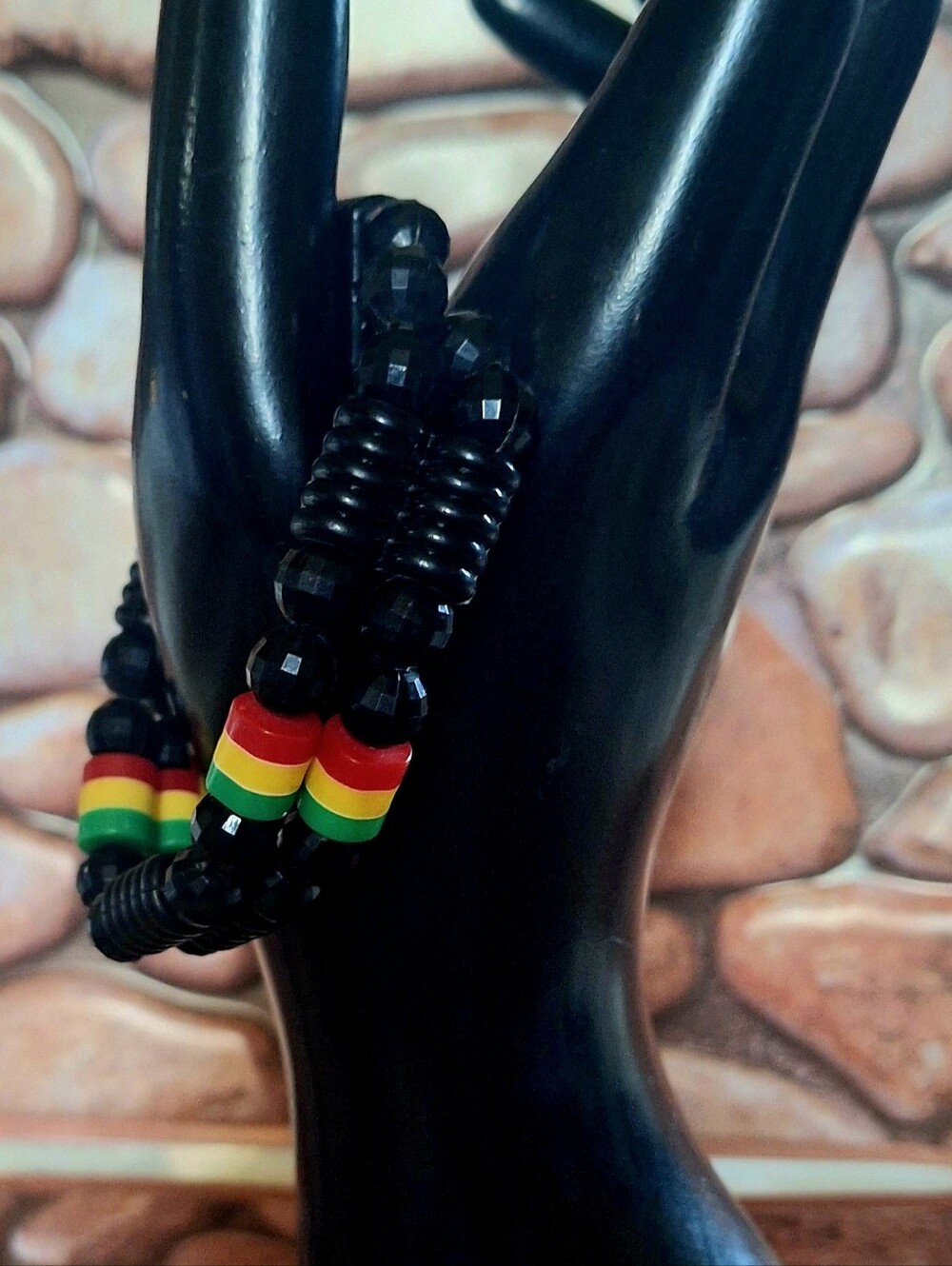 Black Beaded Bracelet with Red, Yellow & Green Accents